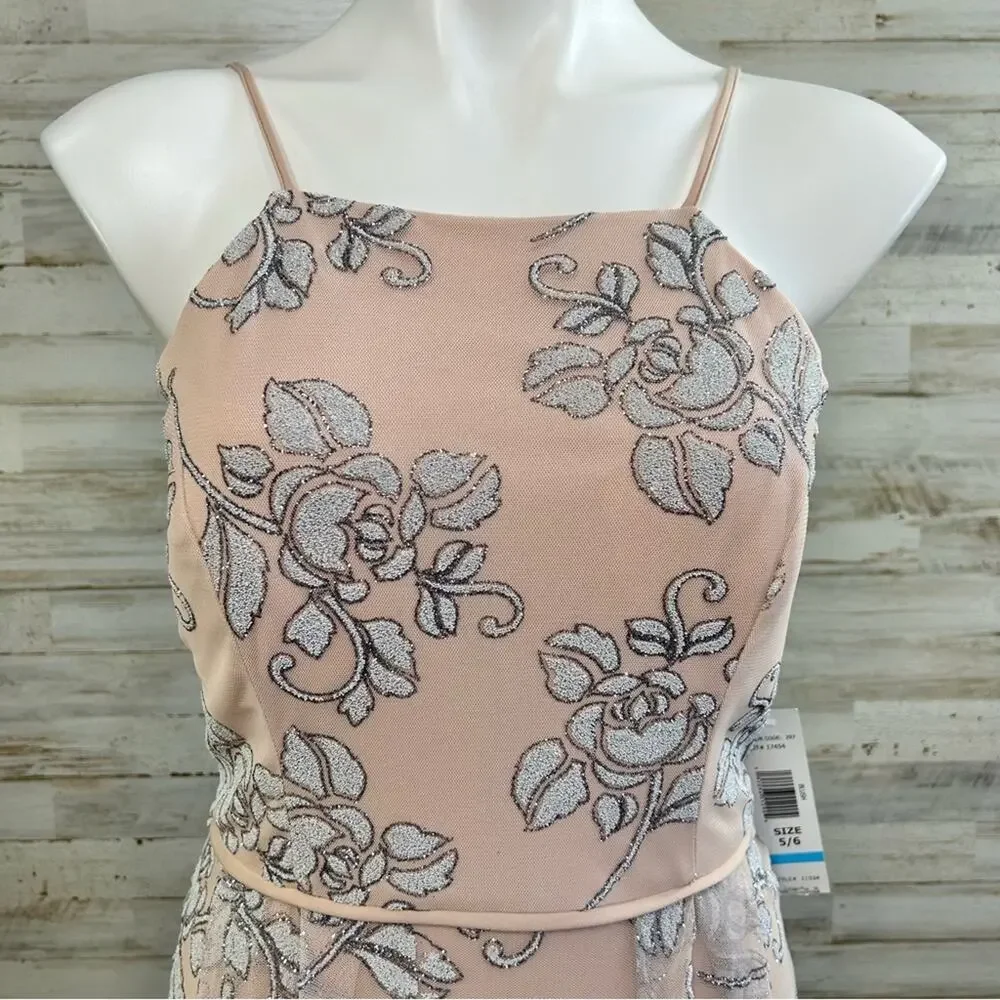 Jump Apparel Halter Tulle Glitter Maxi Dress Gown Juniors Size 5/6 Blush Floral - Picture 3 of 16